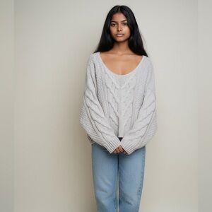 Free People Women’s Scoop-Neck Oversized Cream Cable Knit Sweater Chunky Chic